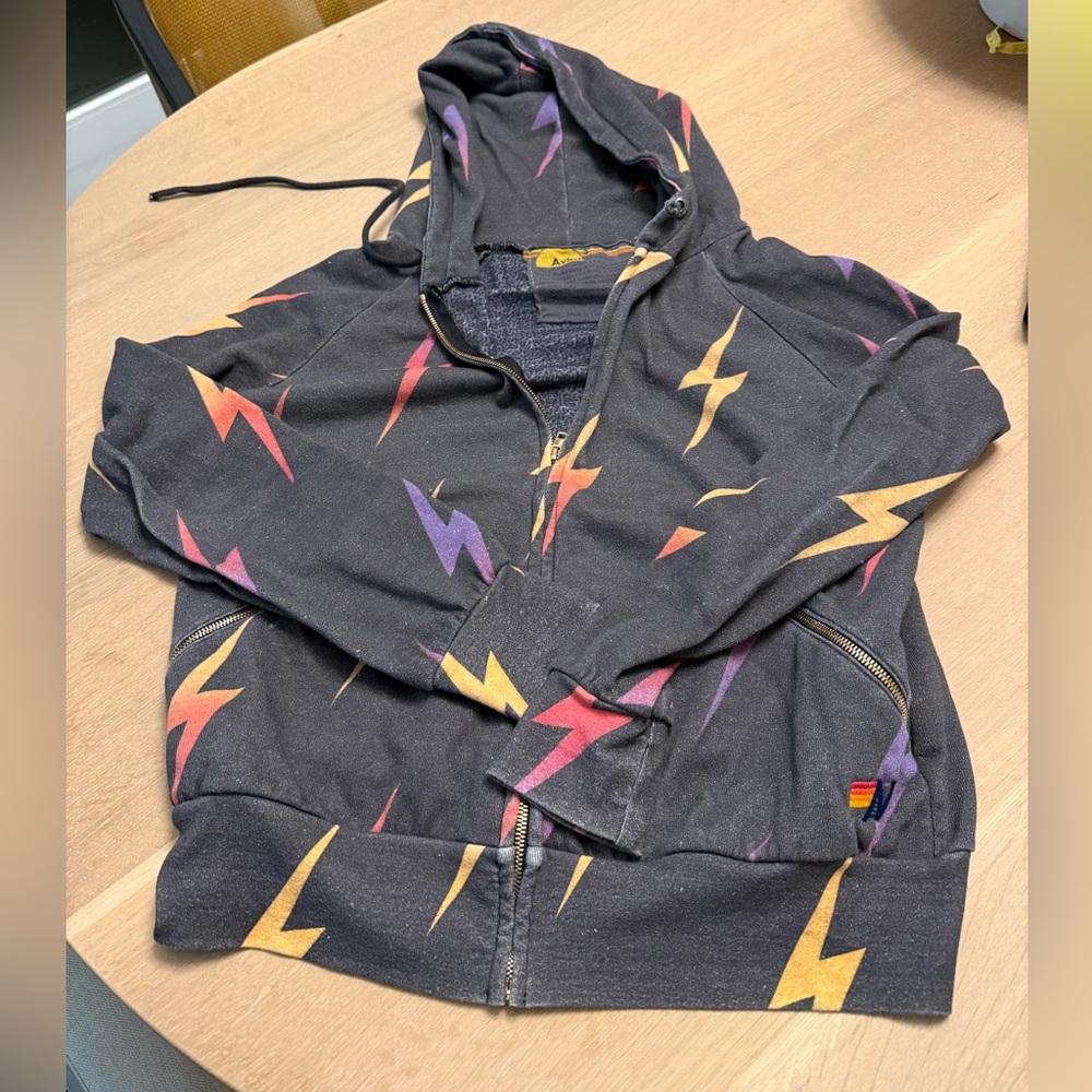 Aviator Nation Black Hoodie with Multicolor Lightning Bolts